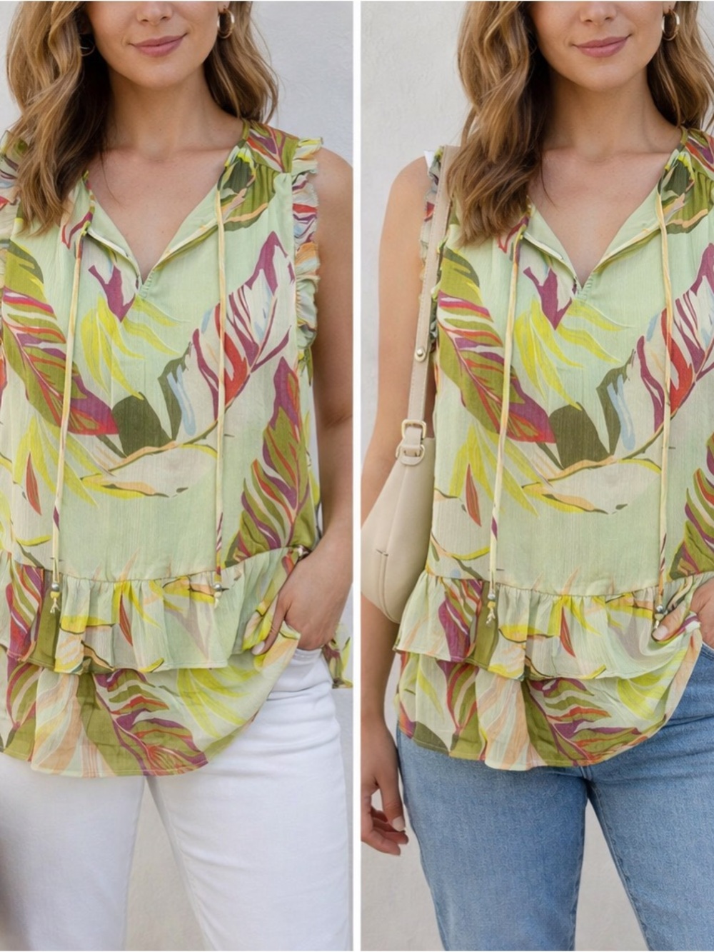 Kaari Blue Sleeveless Tropical Leaf Ruffle Hem Blouse